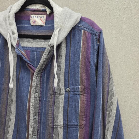 Vintage Creative Edge Shirt Mens Large Hooded Button Down Striped Cotton 90s - Picture 2 of 8
